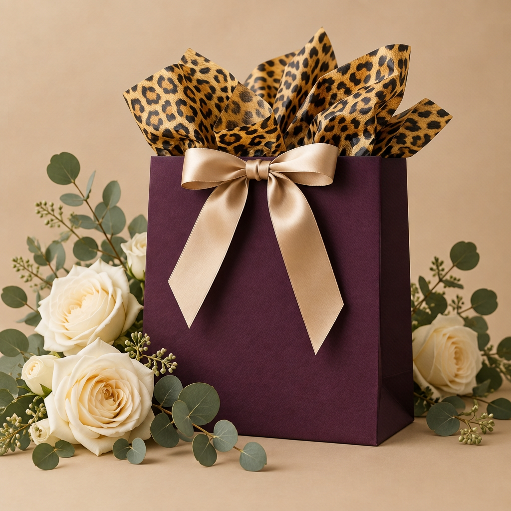 A plum gift bag with cheetah-print tissue paper, satin ribbon and soft florals